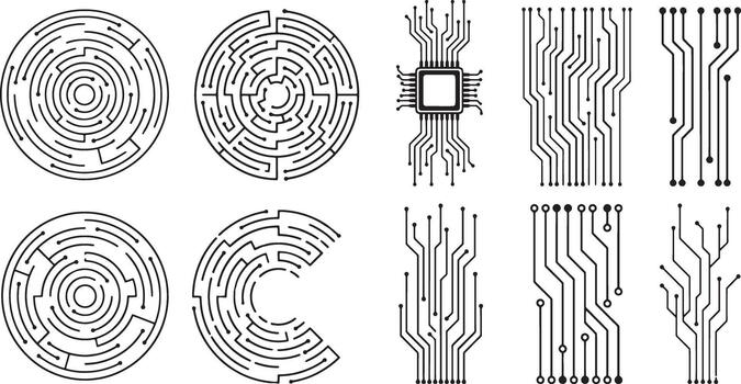 laberinto y circuito tablero modelo conjunto tecnología laberinto electrónico línea Arte diseño vector