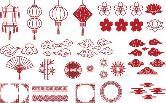 Chinese Traditional Elements Set Lantern Clouds Flowers Bamboo Patterns Frame Line Art Design vector