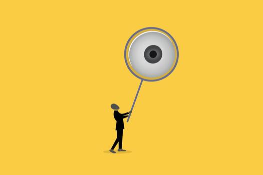 Magnifying glass in hand with eye inside. concept of search, trendy collage elements, investigating, detectives, looking for a solution, looking for an answer vector