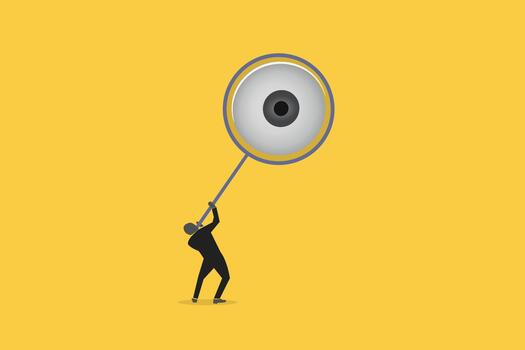 Magnifying glass in hand with eye inside. concept of search, trendy collage elements, investigating, detectives, looking for a solution. vector