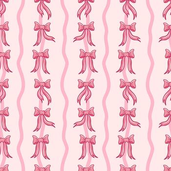 Seamless pattern featuring delicate pink bows, cottage core motifs, and soft elements for a dreamy, vintage-inspired surface design. Ideal for wallpapers and fabrics. vector
