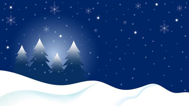 Snowy Scenery With Pine Trees And Falling Snowflakes On A Navy Blue Background vector