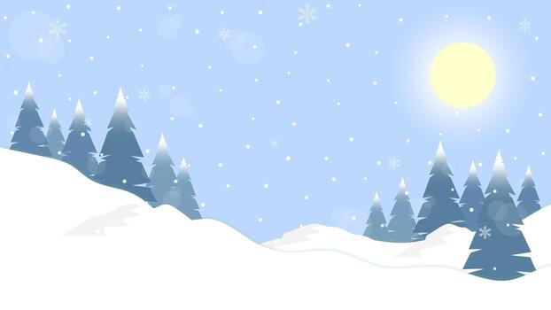Natural Scenery Of Pine Forest And Snowy Hills In Winter With Sparkling Snowflakes Falling On A Clear Blue Sky Background vector