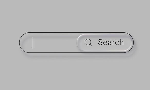 Search bar with liquid glass effect on blue-gray background. Modern element for user interface or website design. vector