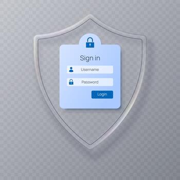 Stylish liquid glass style shield with a template for login, authorization, and registration forms for websites and mobile apps. vector