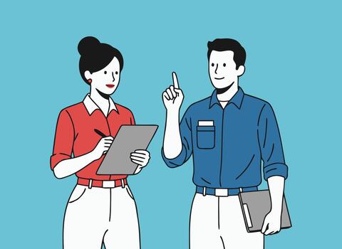 Two professional colleagues discussing an idea and taking notes vector