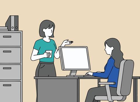 Two women collaborating in office, discussing work by computer vector