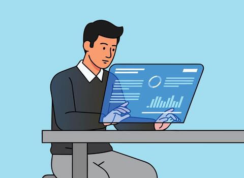 Professional analyzing data on futuristic screen at office desk vector