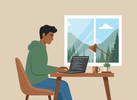 Young man working remotely, coding on laptop in home office. vector