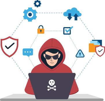 Hacker or programmer using laptop for cyber crime or data protection surrounded by security icons vector