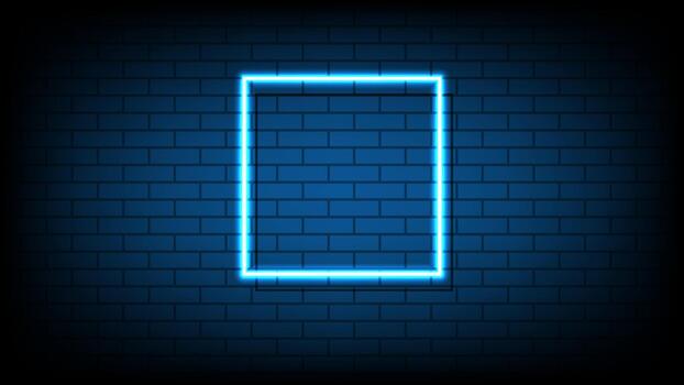 Blue neon square frame on a dark brick wall background with copy space for text vector