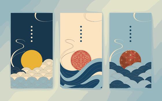 Three panels with abstract Japanese wave patterns and sun motifs vector