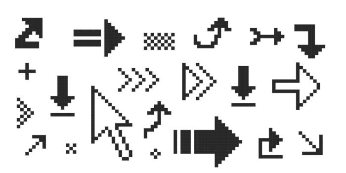Pixel arrow Pixel art different directions 8 bit gaming console style sign. Interface icon. Collection vector