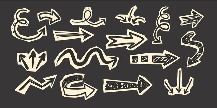 Scrapbook with paper arrow cutout torn doodle scribble collage elements. Y2k swirl, up and down, right and left arrow collection. vector