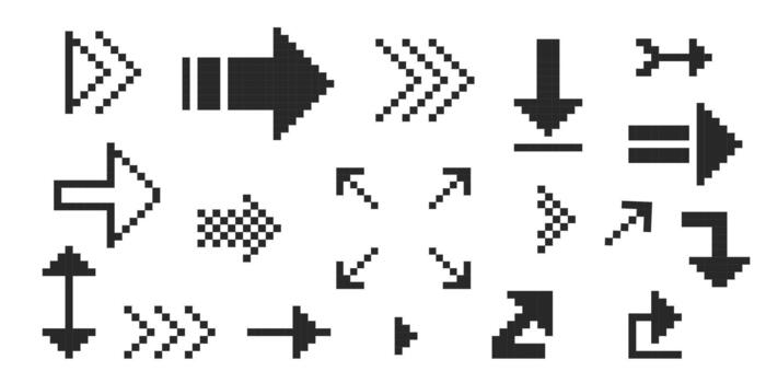 Pixel arrow Pixel art set different directions 8 bit gaming console style sign. Interface icon. Collection vector