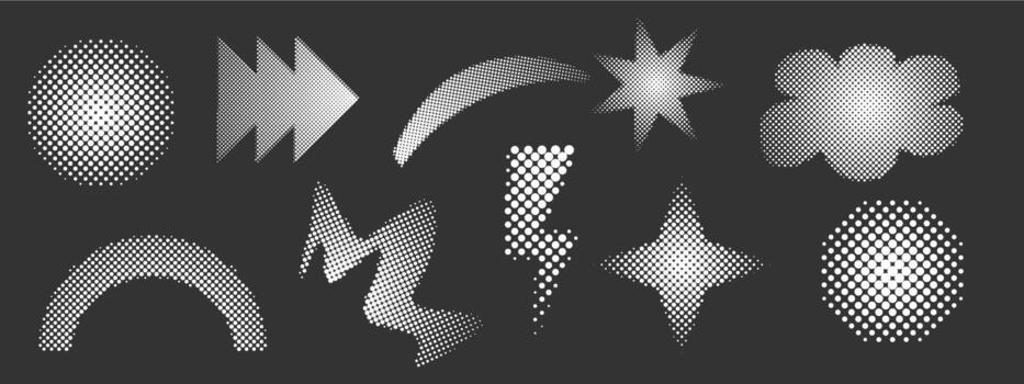 Set Halftone abstract geometric set dotted y2k trendy decoration. Gradient retro pixel, grain effect. Pop art style dotted hearts, isolated on white vector