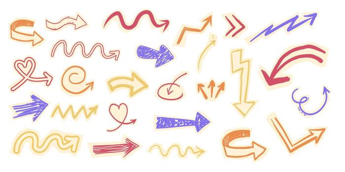 Scrapbook with paper arrow cutout torn doodle scribble collage elements set. Y2k swirl, up and down, right and left arrow collection. vector