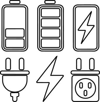 Set of battery charging related line icons such as power plug and lightning bolt vector