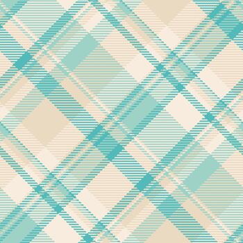 Elegant tartan pattern, diagonally oriented. Serene teal and neutral tones create a calming effect. Ideal for textiles, backgrounds, or graphic design projects. vector