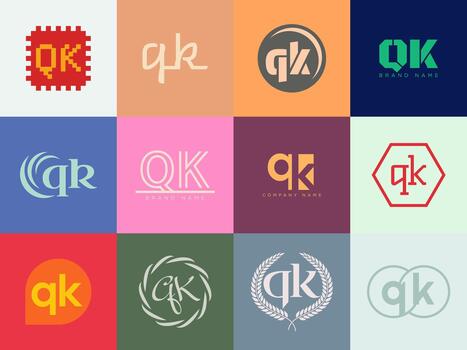 QK logo template Letter q and k logotype. Set different classic serif lettering and modern bold text with design elements. Initial font typography. vector