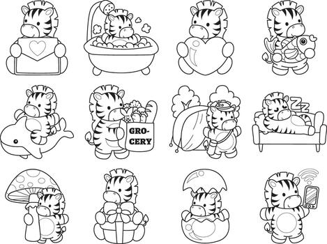 ilustraciones de linda cebra personaje acortar Arte para niños. cebra en el variación de aleatorio actividad vector
