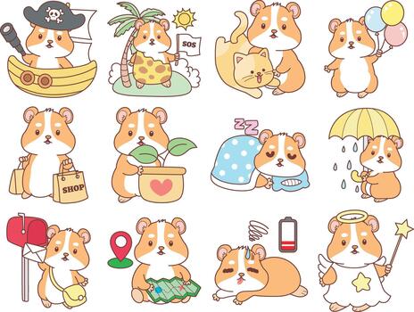 Cute set of hamster sticker with activity. Hamster in the variation of random activity vector