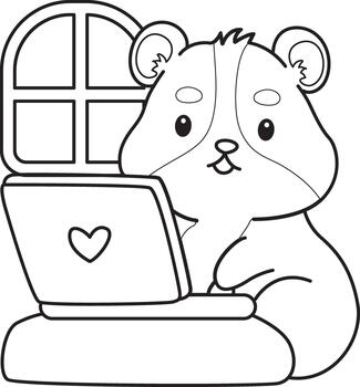 Coloring pages of Cute set of hamster sticker with activity.Outline of hamster typing in the notepad vector