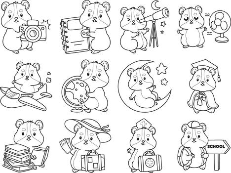 Coloring pages of Cute set of hamster sticker with activity. Outline of hamster in the variation of smart and education vector