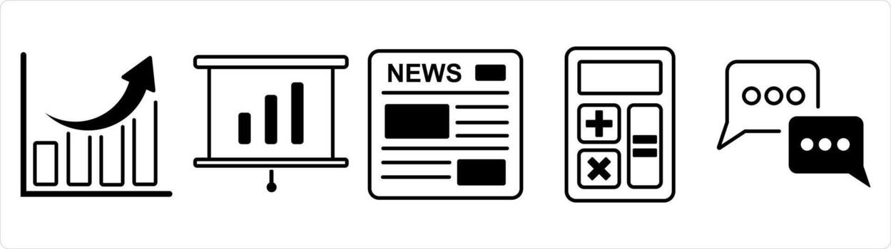 A set of 5 business icon as growth, presentation, newsletter in black line color vector