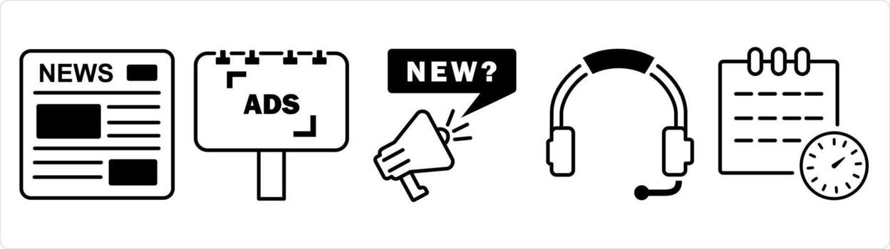 A set of 5 business icon as newletter, ad board, new message in black line color vector