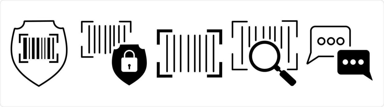 A set of 5 business icon as bar code security, bar code, search bar code in black line color vector