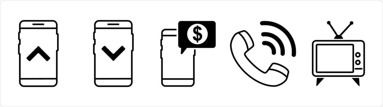 A set of 5 business icon as swipe up, swipe down, digital payment in black line color vector