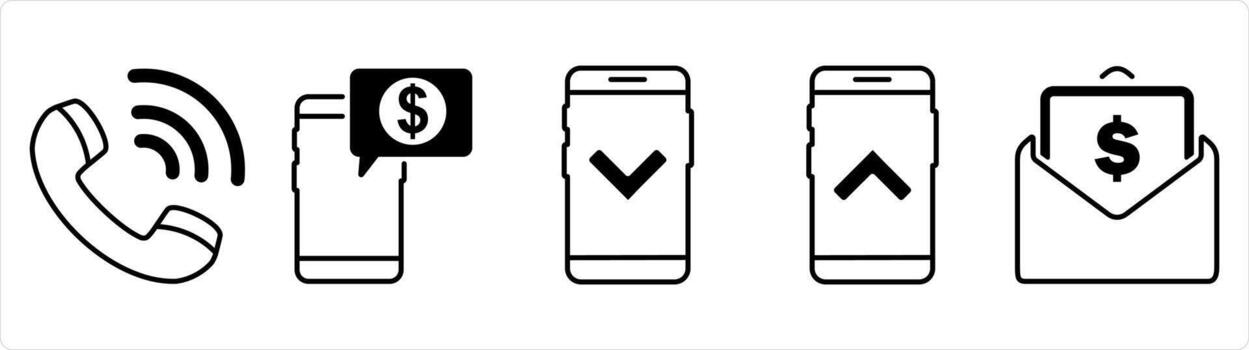 A set of 5 business icon as calling, digital payment, swipe down in black line color vector