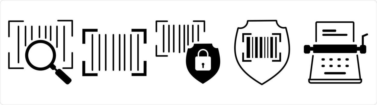 A set of 5 business icon as search bar code, bar code, bar security safety in black line color vector