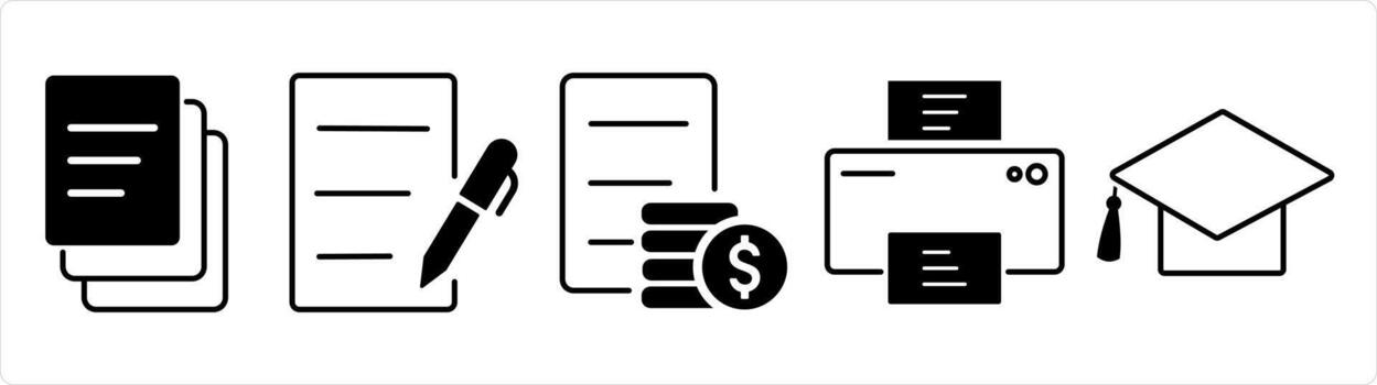 A set of 5 business icon as duplicate copy, writing, invoice in black line color vector