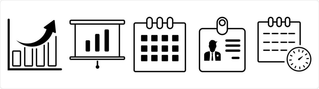 A set of 5 business icon as growth, presentation, calendar in black line color vector
