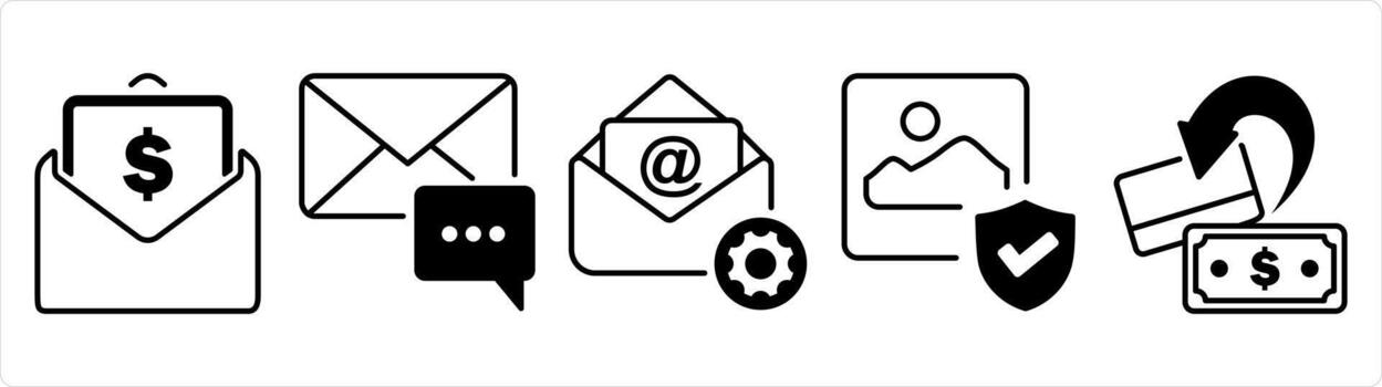 A set of 5 business icon as salary mail, email notification, gallery security in black line color vector