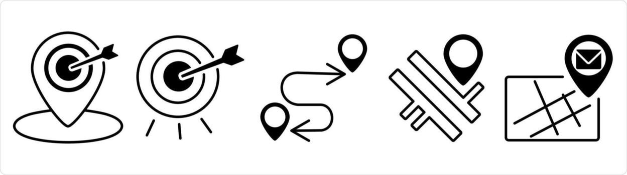 A set of 5 business icon as target location, target dartboard, route map in black line color vector