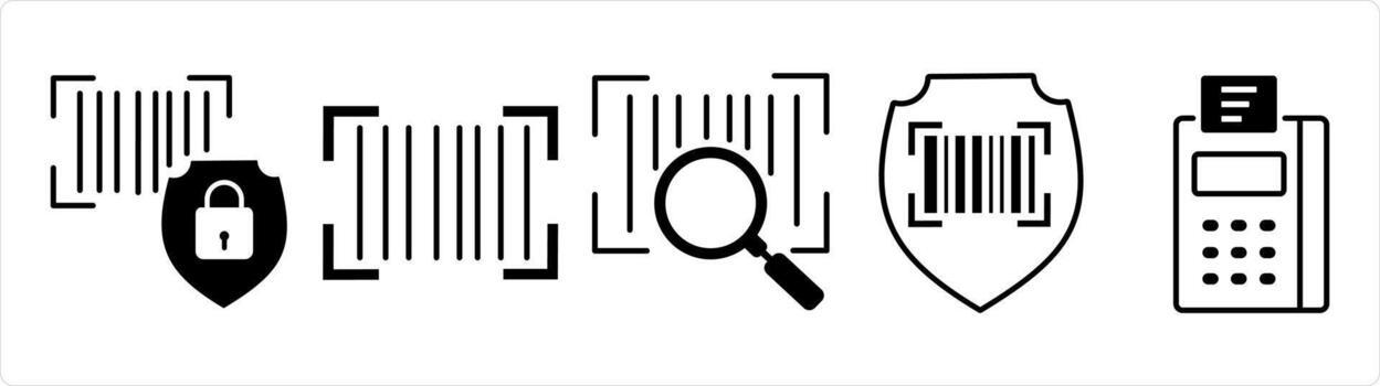 A set of 5 business icon as bar security safety, bar code, search bar code in black line color vector