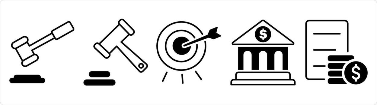 A set of 5 business icon as law, target dartboard, financial institution in black line color vector