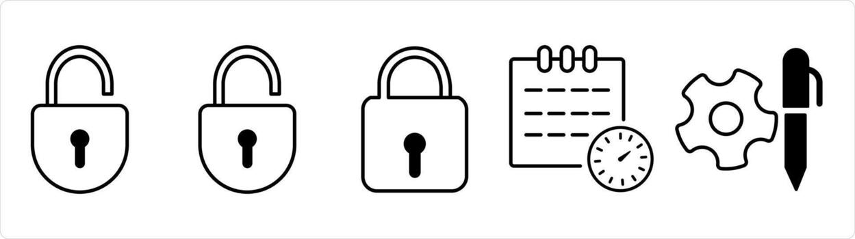 A set of 5 business icon as open lock, lock, schedule in black line color vector