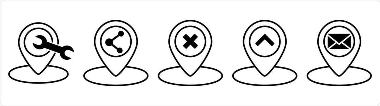 A set of 5 business icons as location maintenance, share location, wrong location in black line color vector