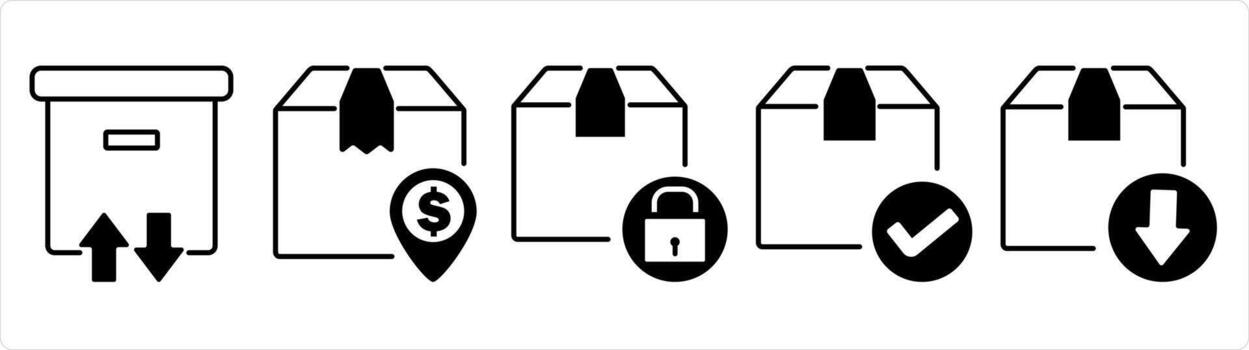 A set of 5 business icons as delivery message, delivery charges, secured delivery in black line color vector