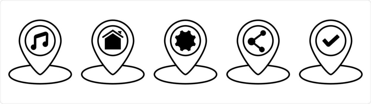 A set of 5 business icons as music location, home location, location setting in black line color vector