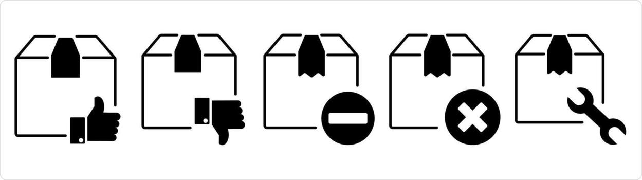A set of 5 business icons as approved order, order declined, reduce item in black line color vector