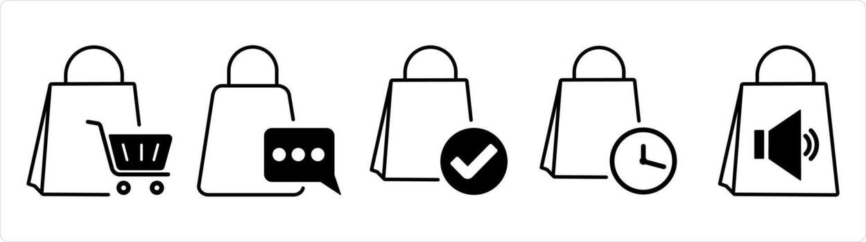 un conjunto de 5 5 negocio íconos como compras, entrega mensaje, adelante paquete o empaquetar en negro línea color vector