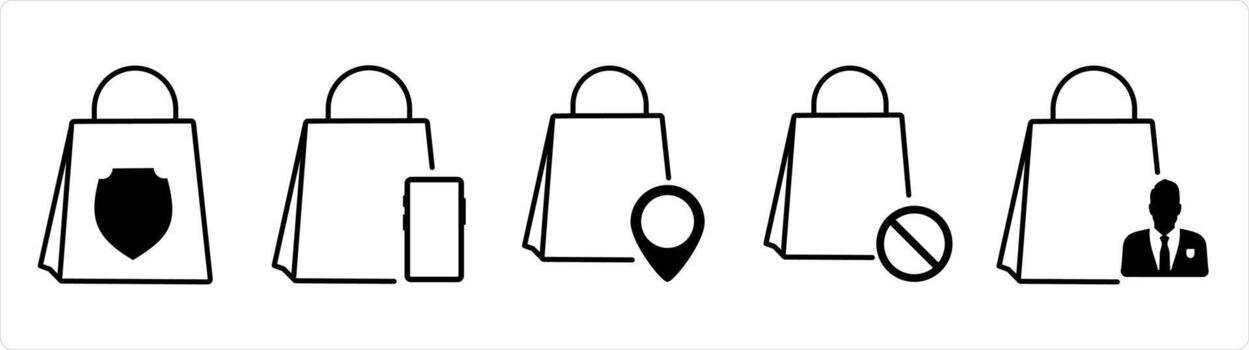 A set of 5 business icons as shopping security, mcommerce, store location in black line color vector