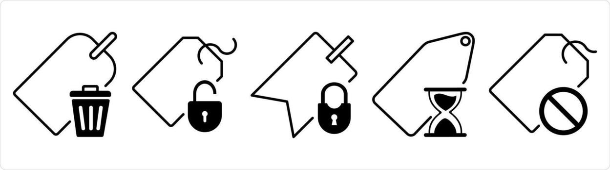 A set of 5 business icons as remove tag, tag protection, tag security in black line color vector
