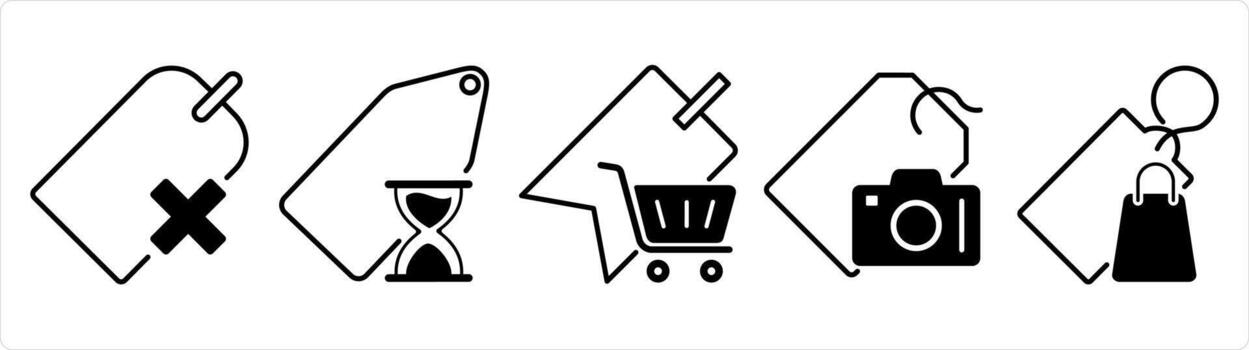 A set of 5 business icons as wrong tag, shopping on time, shopping tag in black line color vector