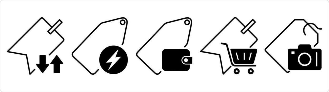 A set of 5 business icons as synchronize tag, fast tag, wallet tag in black line color vector